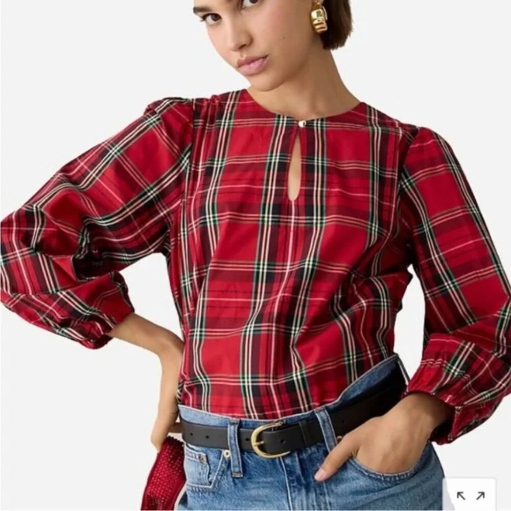 J. Crew Puff-Sleeve Poplin Top in Good Tidings Plaid S